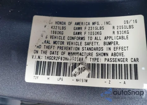 2017 Honda Accord Sport from USA, damaged, VIN 1HGCR2F63HA050988